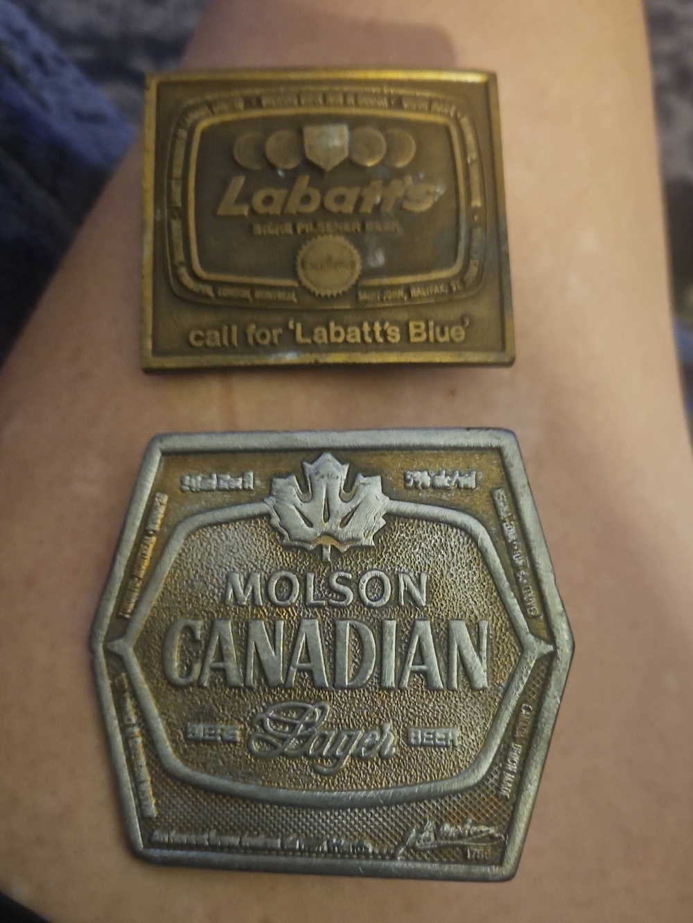 Vintage 1970s Beer Belt Buckle Lot: Molson Canadian & Labatt’s Blue Brass